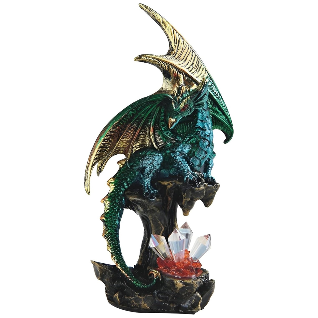 Ice Armor 6" Green Dragon Guarding Crystal Gemstone Statue