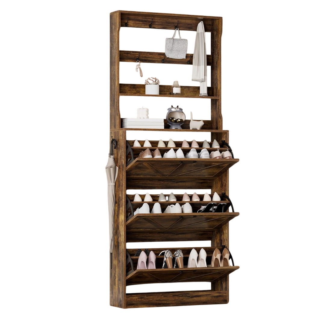Eoyutlly 2-In-1 Shoe Cabinet Storage With 3 Flip Drawers & Coat Rack