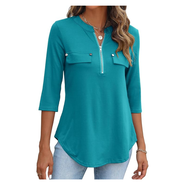 Women's Summer Fashion 3/4 Sleeve Zip V Neck Flowy Shirts