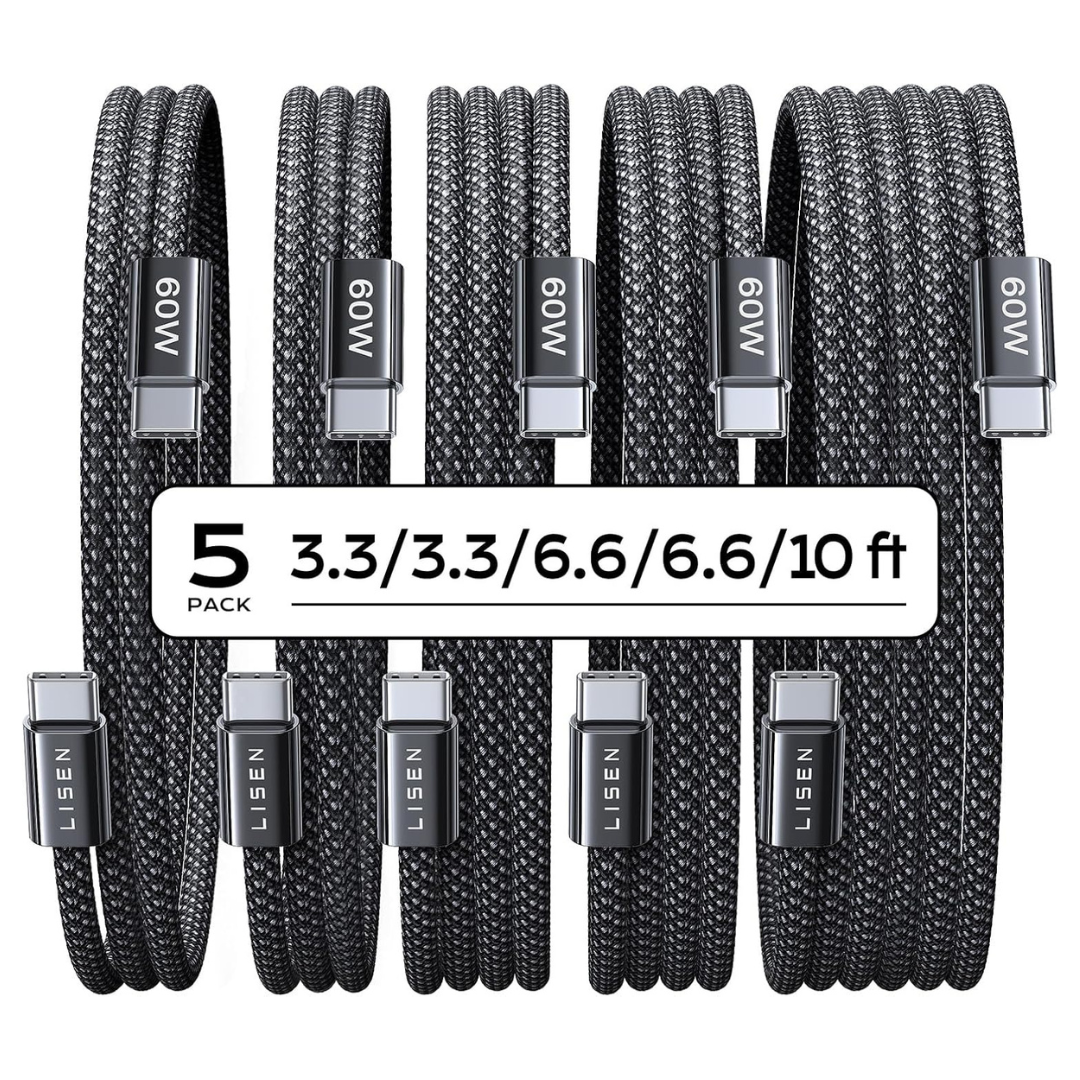 5-Pack Lisen 60W USB-C Braided Charger Cables (3.3/3.3/6.6/6.6/10 ft)