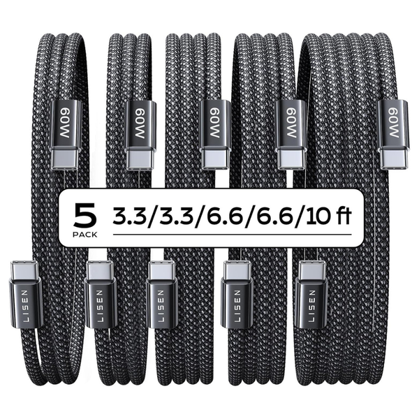 5-Pack Lisen 60W USB-C Braided Charger Cables (3.3/3.3/6.6/6.6/10 ft)