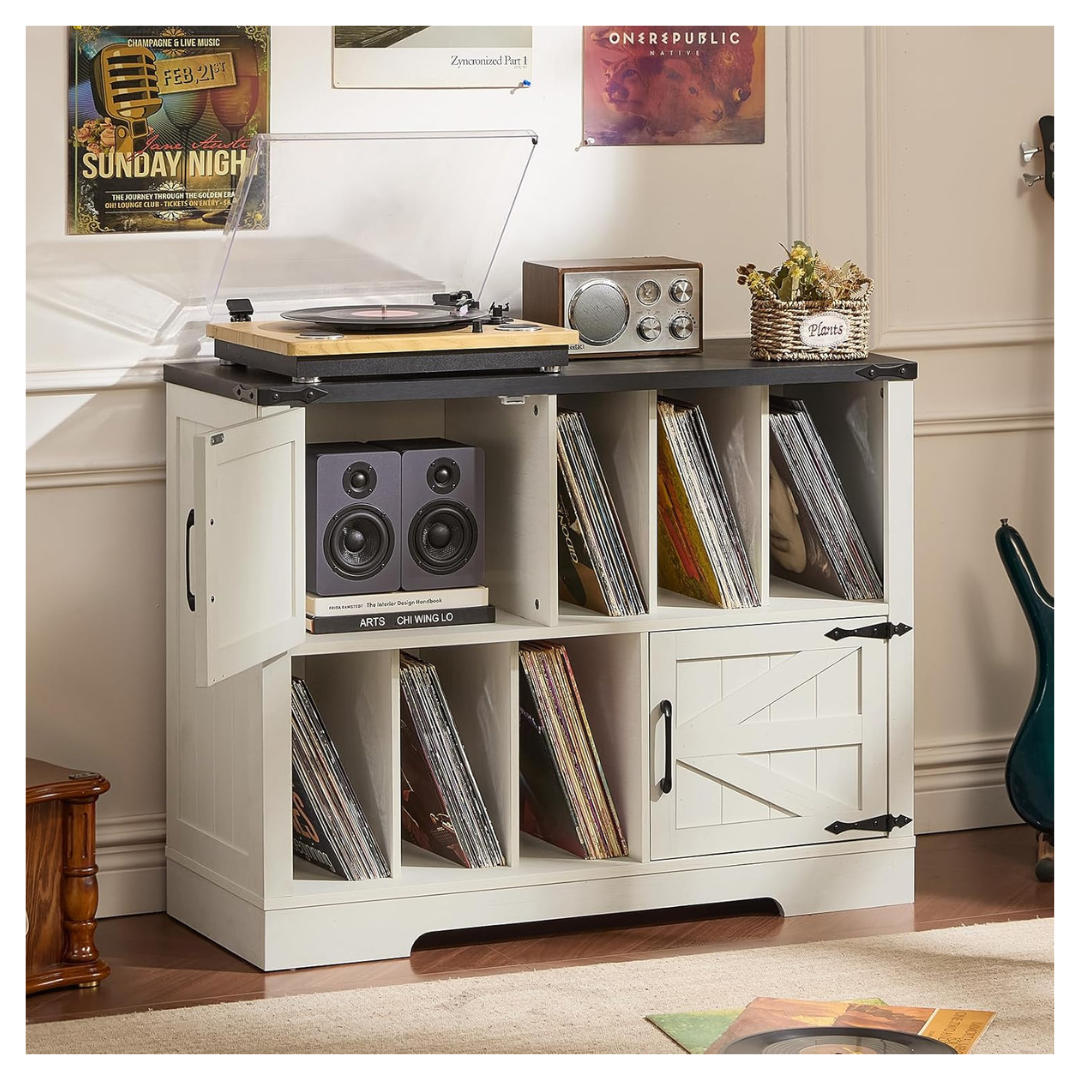 Large Record Player Stand With Vinyl Storage Up To 450 Albums
