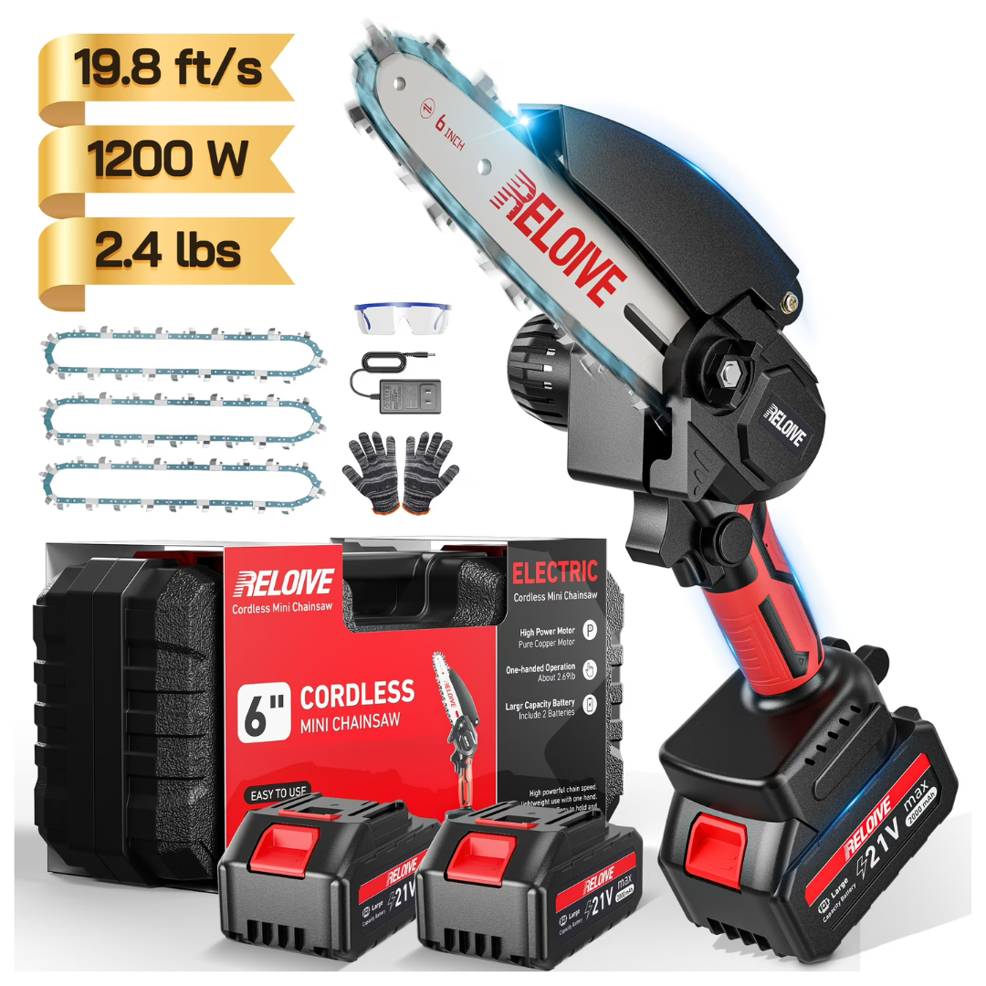 Reloive 6" Mini Chainsaw With 2PCS 2.0 Ah Batteries 3 Chains