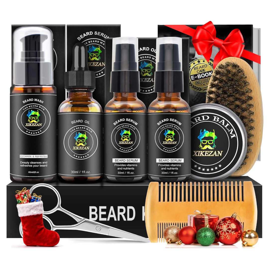 Beard Grooming And Care Kit With Serums, Wash, Oil, Balm, Comb & Brush