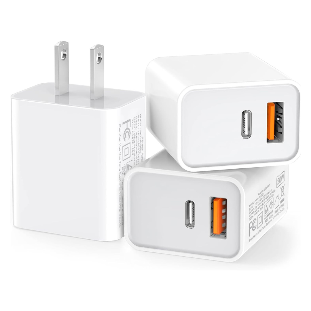 3-Pack 20W Durable Dual Port USB-A + USB-C QC+PD 3.0 Power Adapter