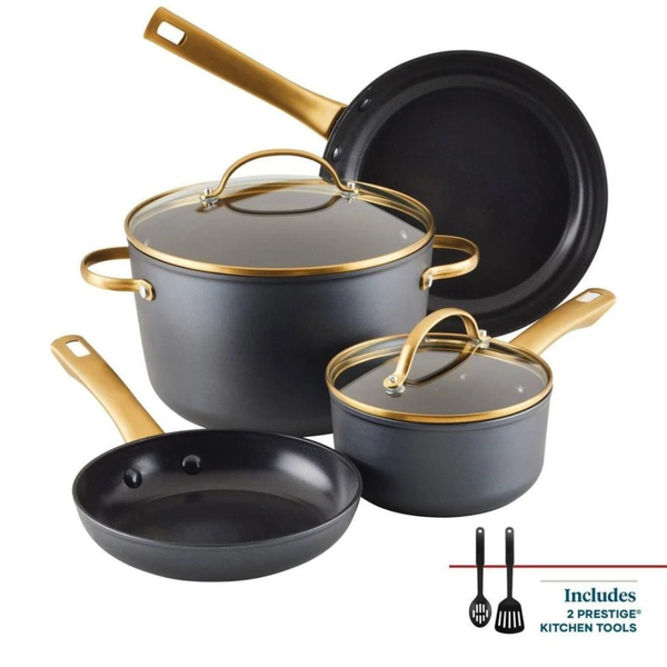 8-Piece Farberware Non-Stick Ceramic Aluminum Cookware (Black/Gold)