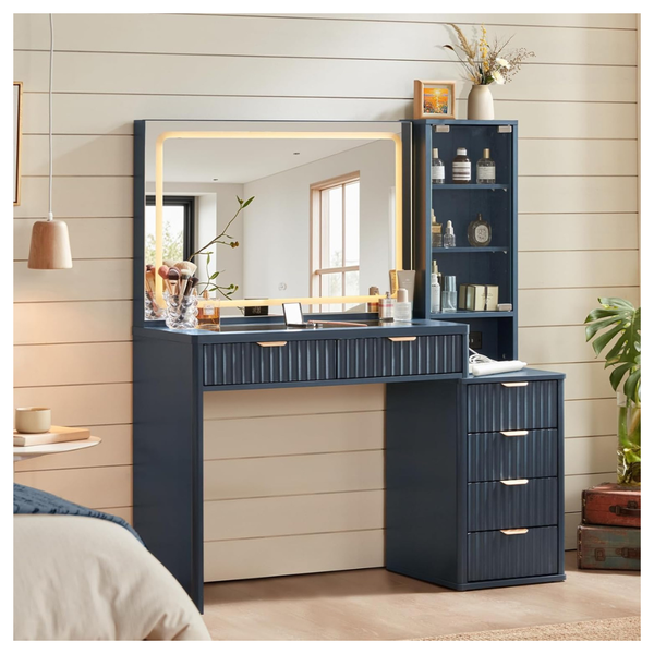 43.5 Fluted Makeup Vanity Desk With Mirror & Lights