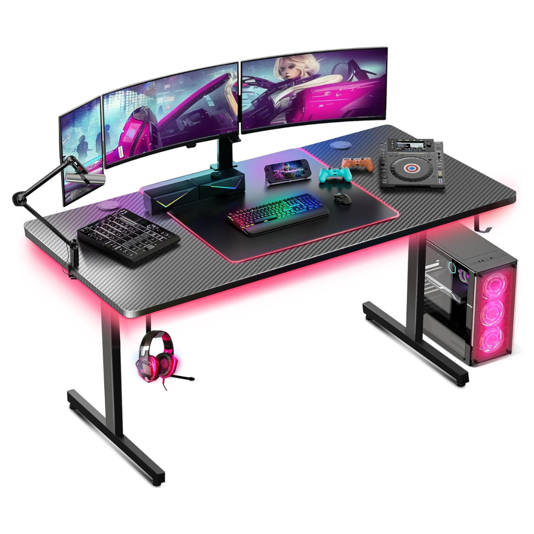 55" Computer Gaming Desk W/ LED Lights & Built In Mouse Pad