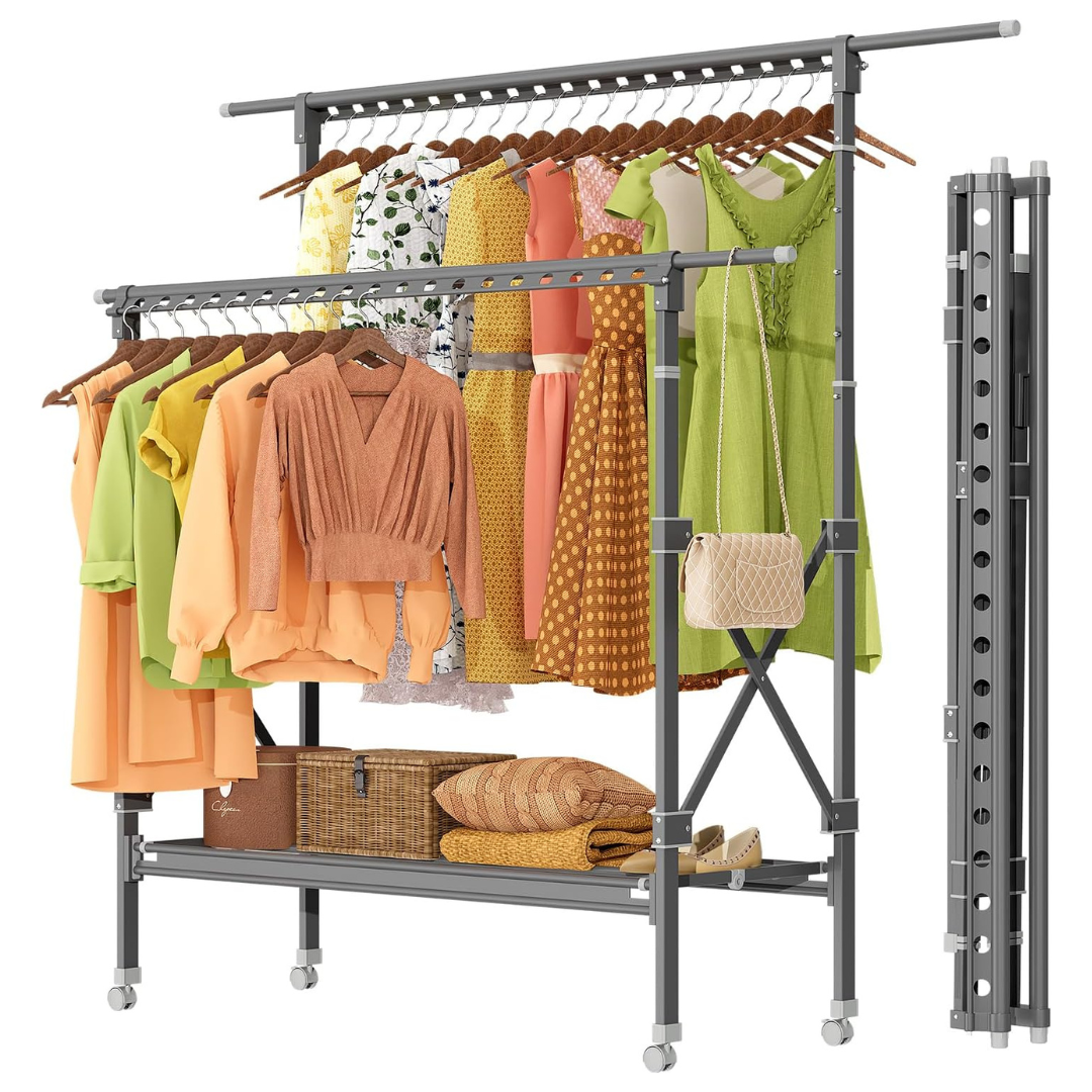 Double Rods Clothing Racks With Wheels