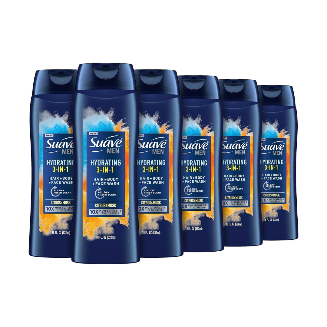 6-Pack Suave Men's 3-in-1 Moisturizing Body Face & Hair Wash, 18 Oz
