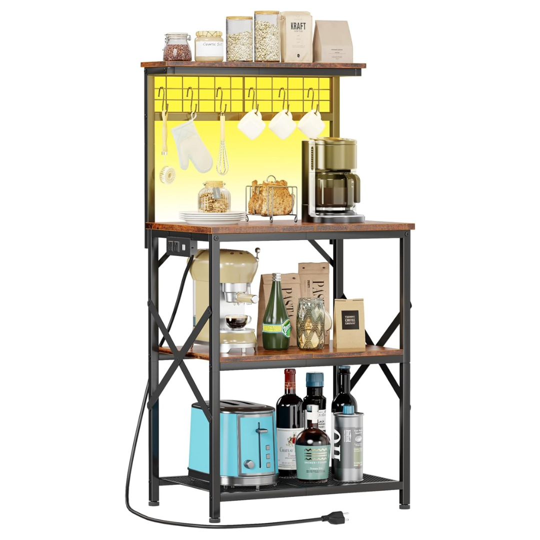 Bakers Rack 4-Tier Microwave Stand With LED Light