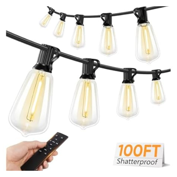 100-Feet Commercial Grade Outdoor LED String Lights W/Dimmable Edison Bulbs