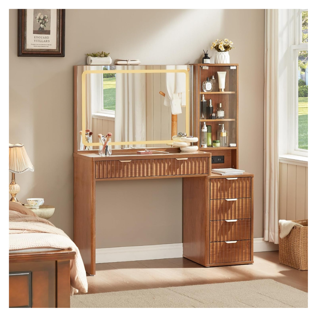 43.5'' Fluted 6 Drawers Makeup Vanity Desk W/Mirror & Lights