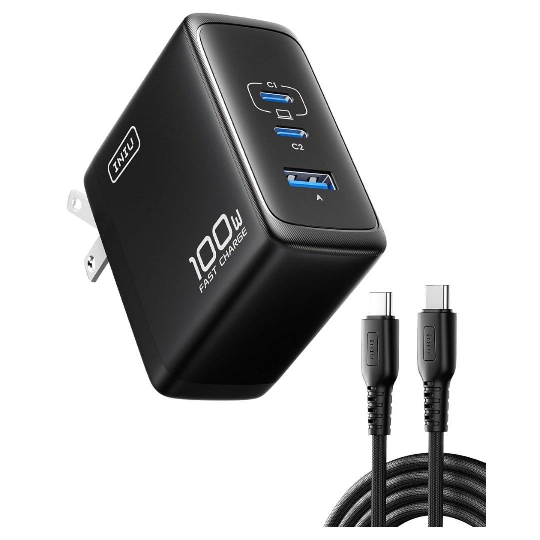 100W INIU 3-Port Compact Foldable GaN USB-C Wall Charger With Cable