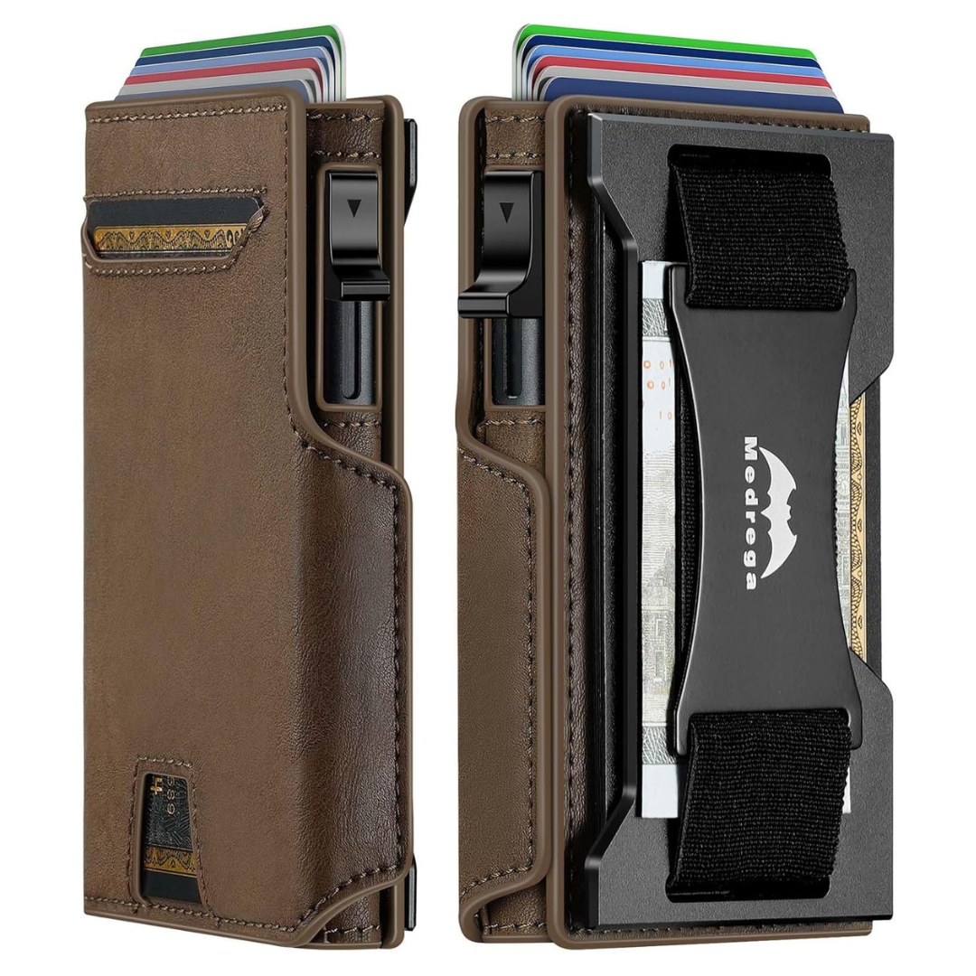 Medrega RFID Biflod Leather Wallet With Cash Strap/AirTag