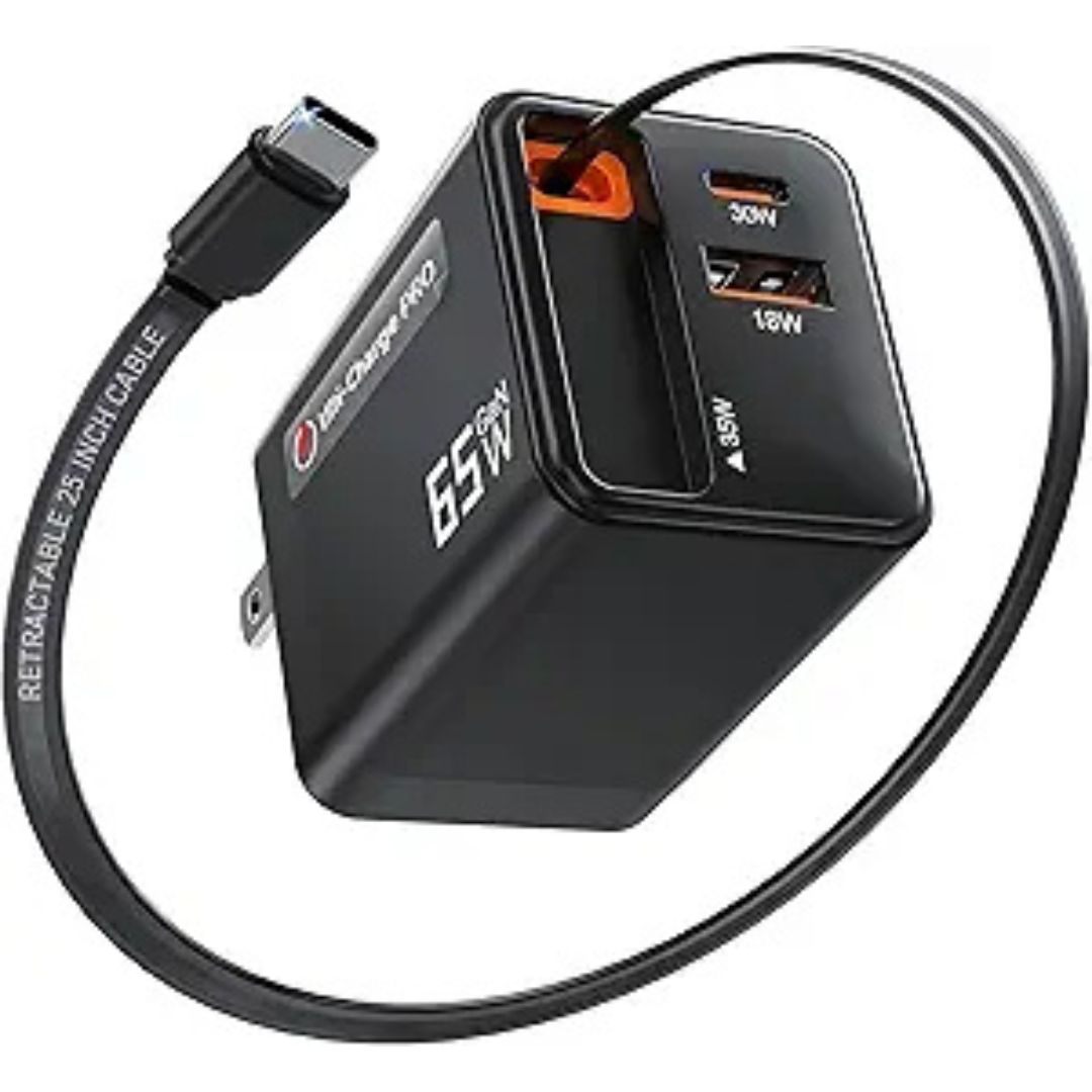 Ulti Charge Pro 65W USB C Charger w/ 25" Retractable USB C Cable
