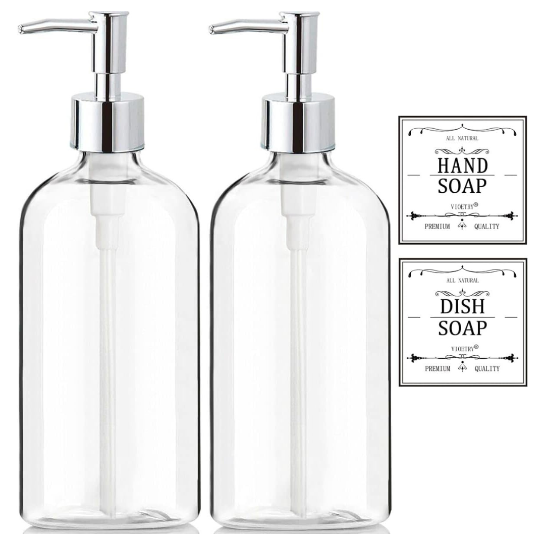 2-Pack 16 oz Waterproof Labels Clear Plastic Hand Soap Dispenser