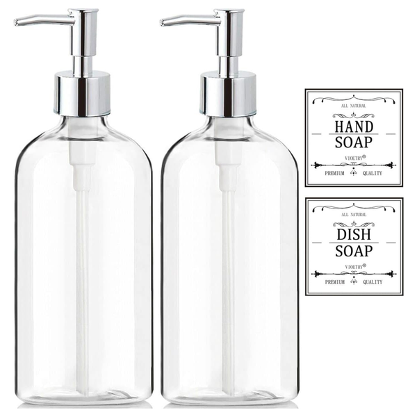 2-Pack 16 oz Waterproof Labels Clear Plastic Hand Soap Dispenser