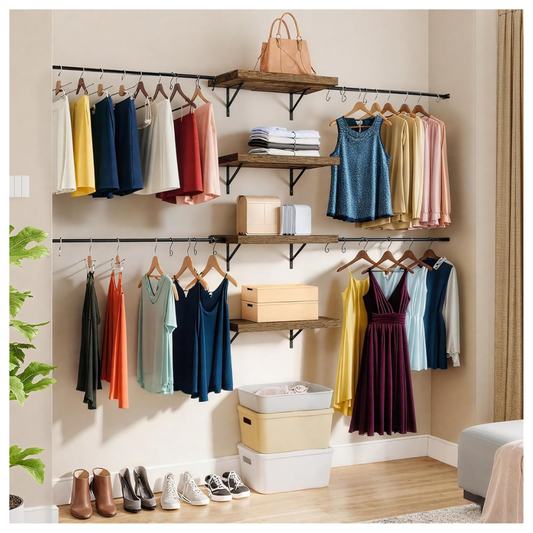 Wall-Mounted Closet System With Rod And Shelves