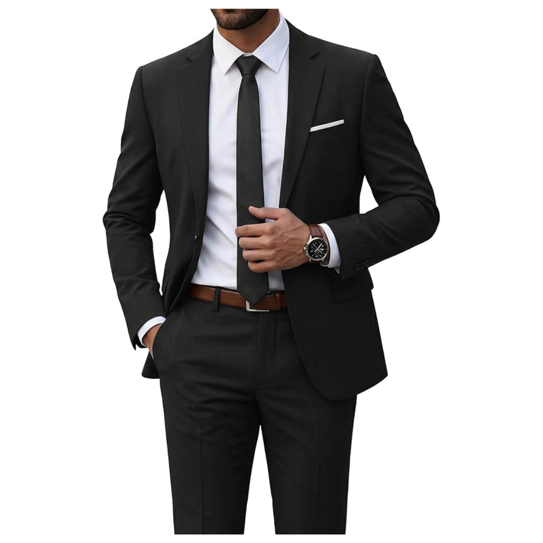 Men's Slim Fit 2 Piece Suit With Tie (Black)