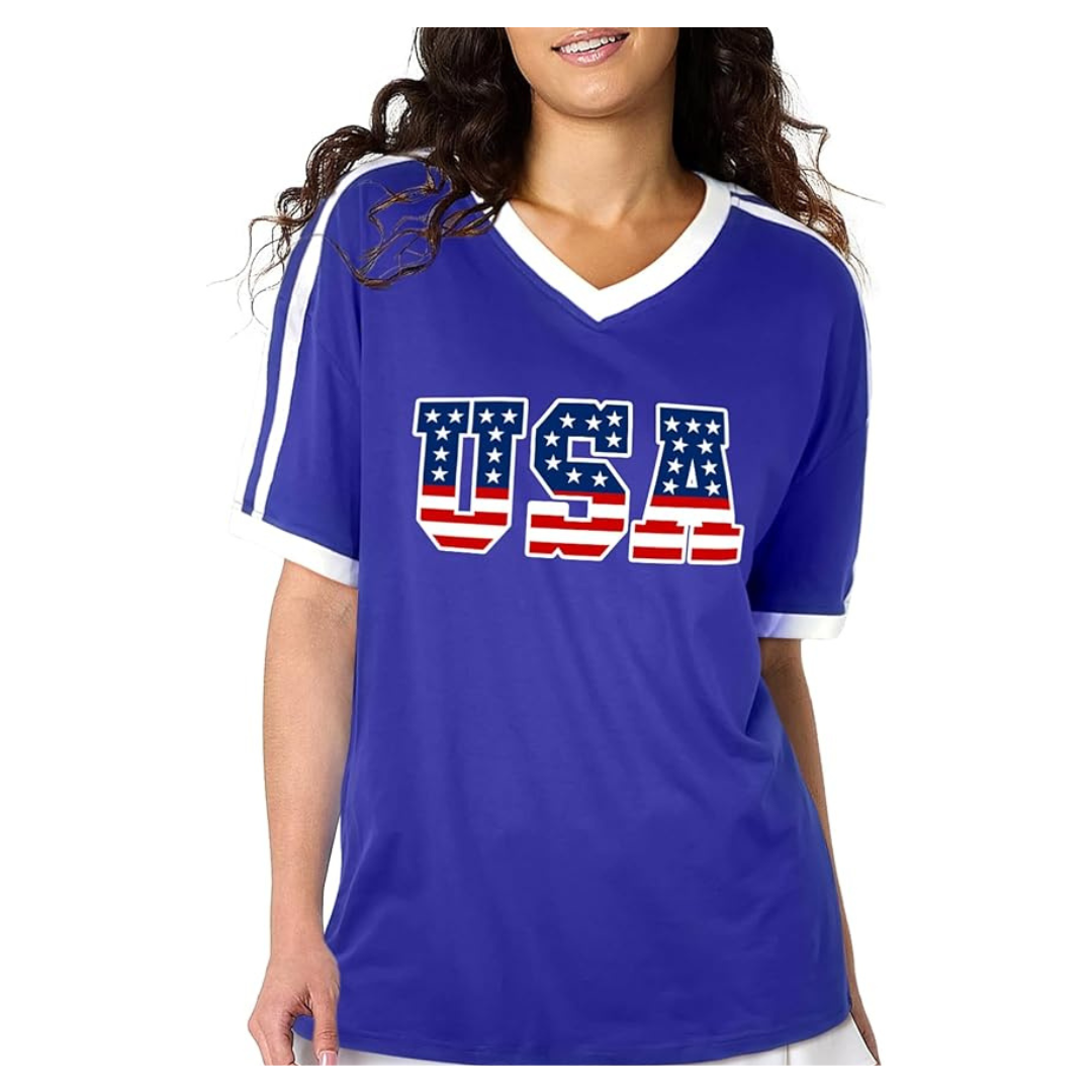 Women's V Neck Short Sleeve USA Flag Shirt