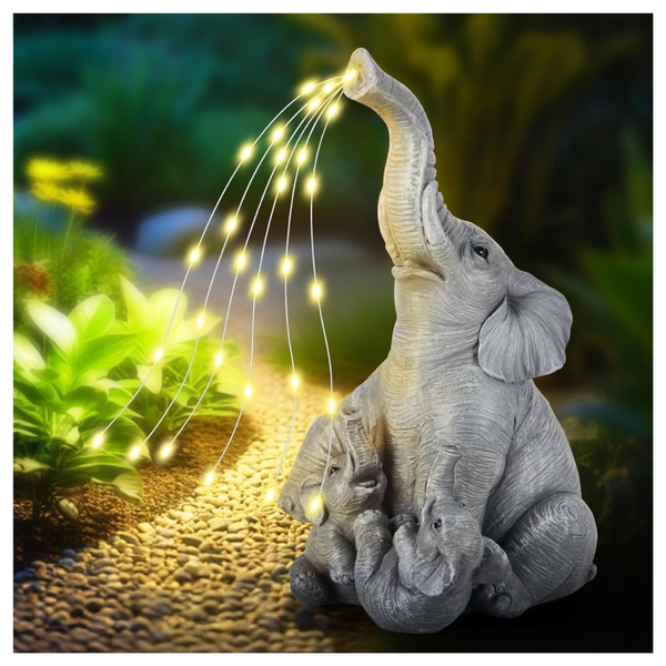 Elephant Family Resin Figurine Solar Garden Decor