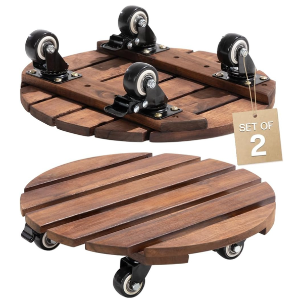 2-Pack Idzo 14" Acacia Wood Plant Caddy With Wheels