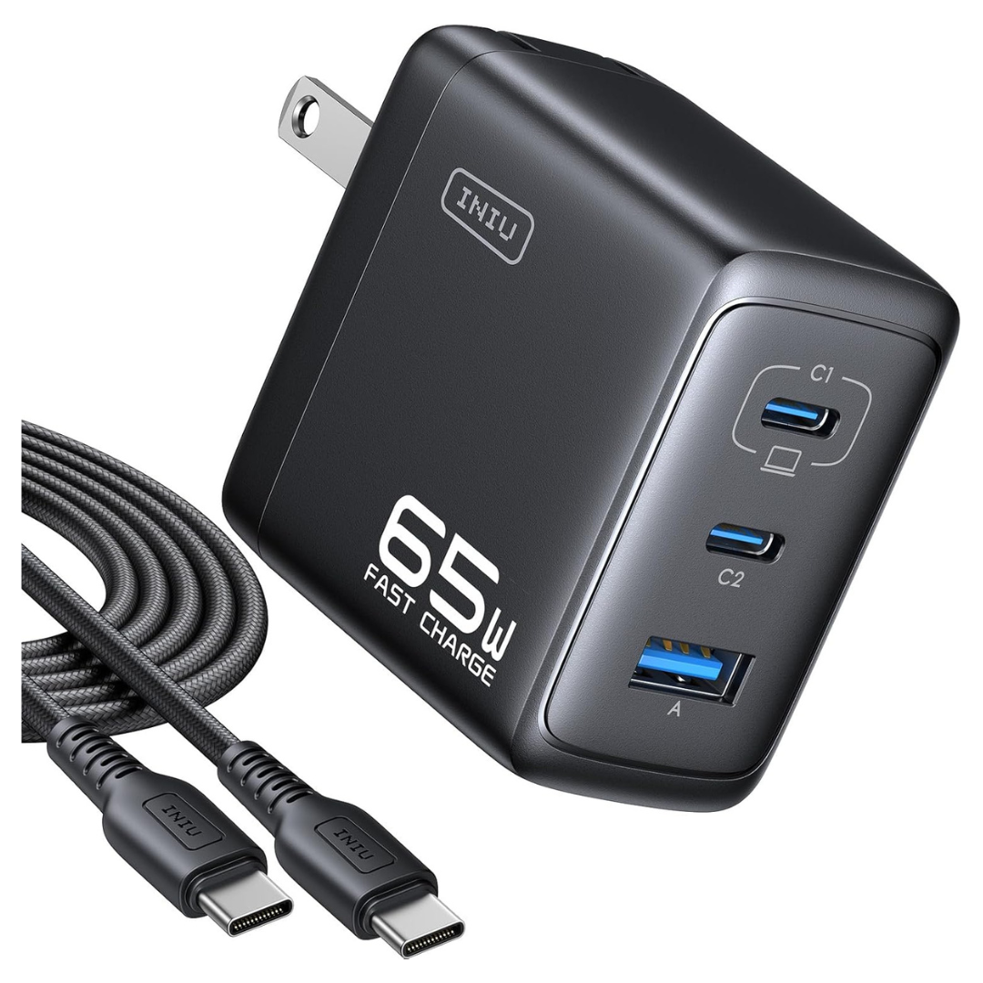 65W INIU 3-Port USB-C & USB-A Wall Charger With USB-C Cable