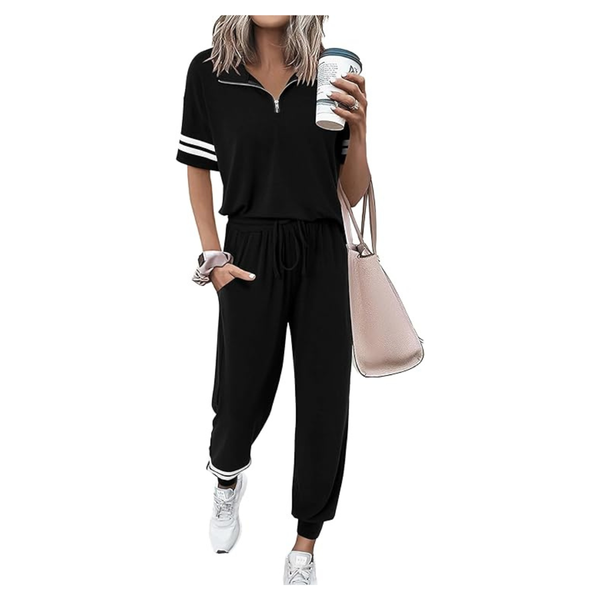 2-Piece Women's Short Sleeve Quarter Zip Tops Jogging Pants Tracksuit