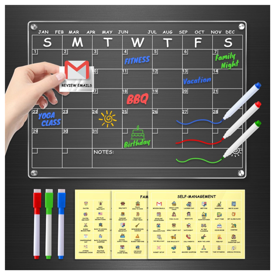 Magnetic Calendar For Fridge W/ 3-Pack Stickers & 3 Markers