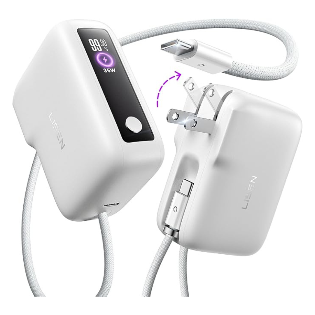 Lisen 3 in 1 Fast Travel Charger w/ Wall Plug & Built in Cable, 35W Power Bank