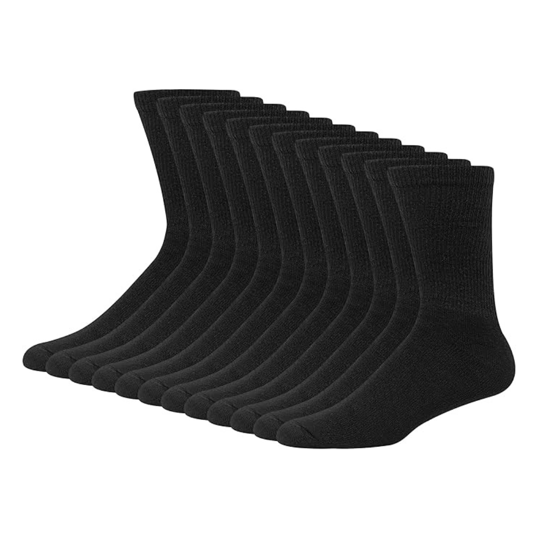12-Pairs Hanes Men's Double Tough Black Socks (Ankle or Crew)