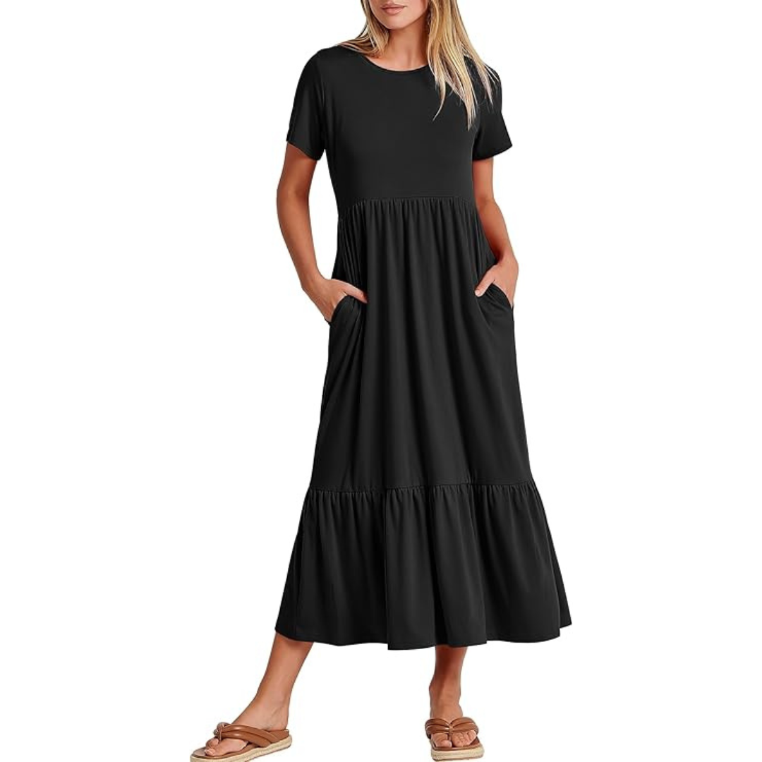 Women's Short Sleeve Crewneck Flowy Maxi Dress (Various Color)