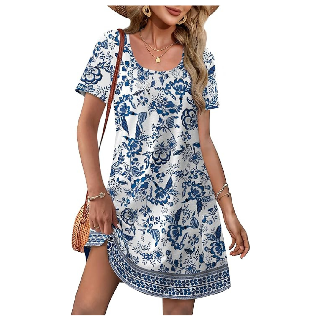 Women's Loose U-Neck Summer Dress W/ Pockets (Various Color)