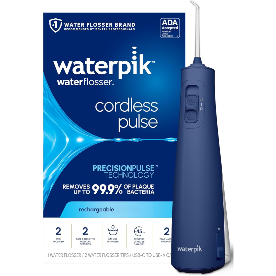 Waterpik Cordless Pulse Rechargeable Portable Water Flosser For Teeth (Blue)