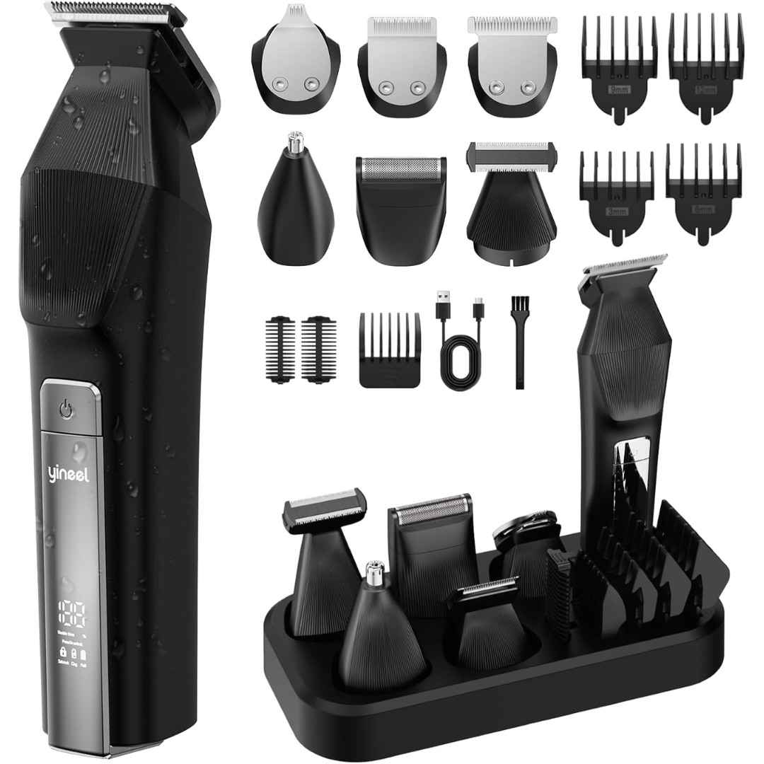 Yineel All-In-One Waterproof Cordless Beard Trimmer W/ 6 Trimmer Heads