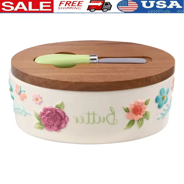 Floral Painted Meadow Butter Dish with Wood Lid & Knife