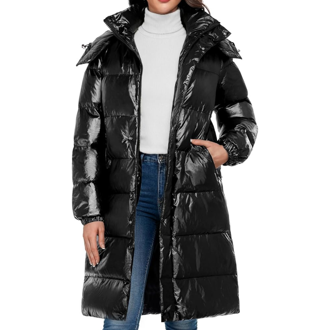 Women's Shiny Long Puffer Jacket with Detachable Hood