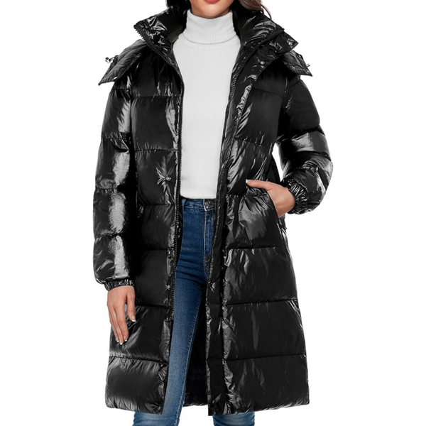 Women's Shiny Long Puffer Jacket with Detachable Hood