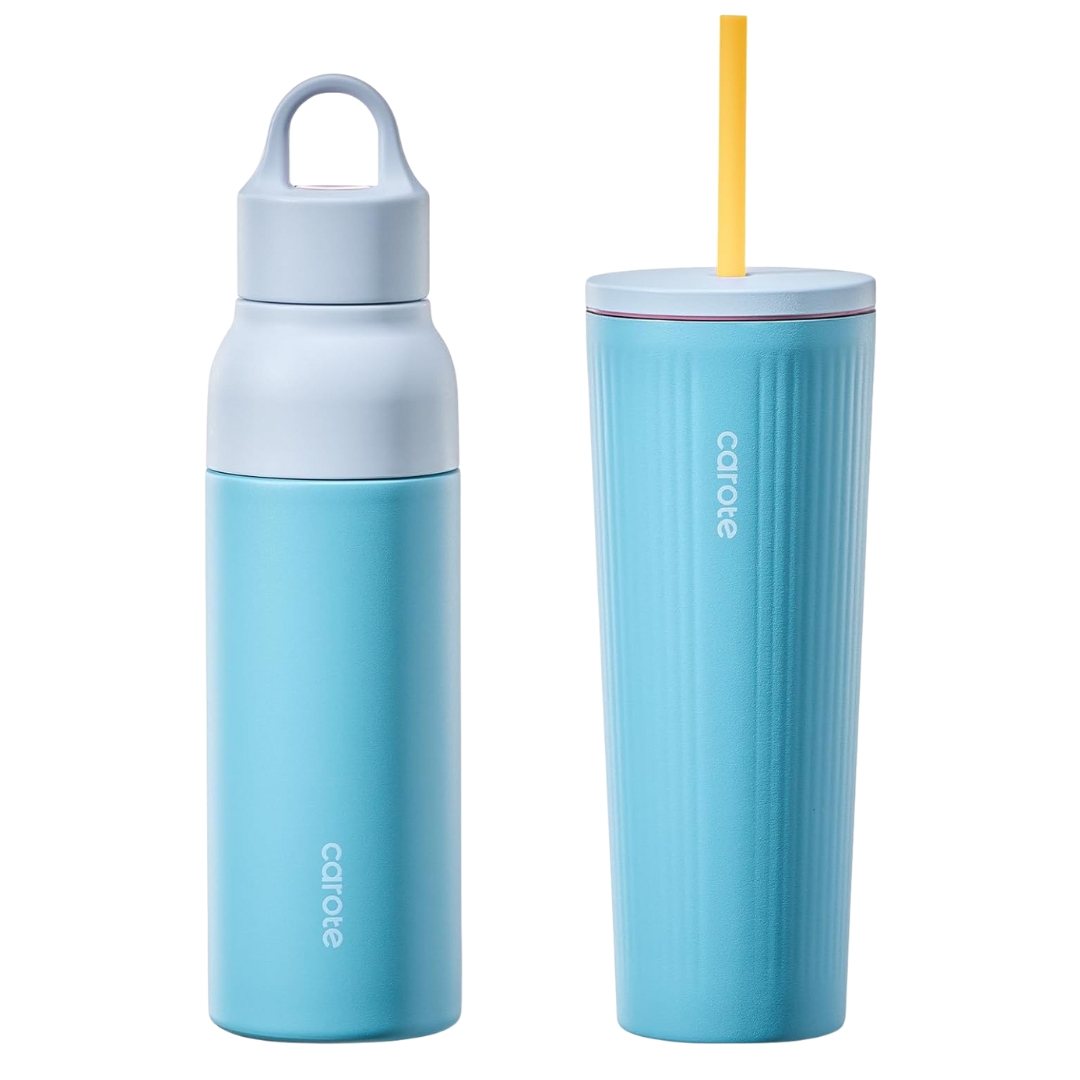 19oz Carote Insulated Water Bottle & 21oz Tumblers W/ Lid & Straw (2 Colors)