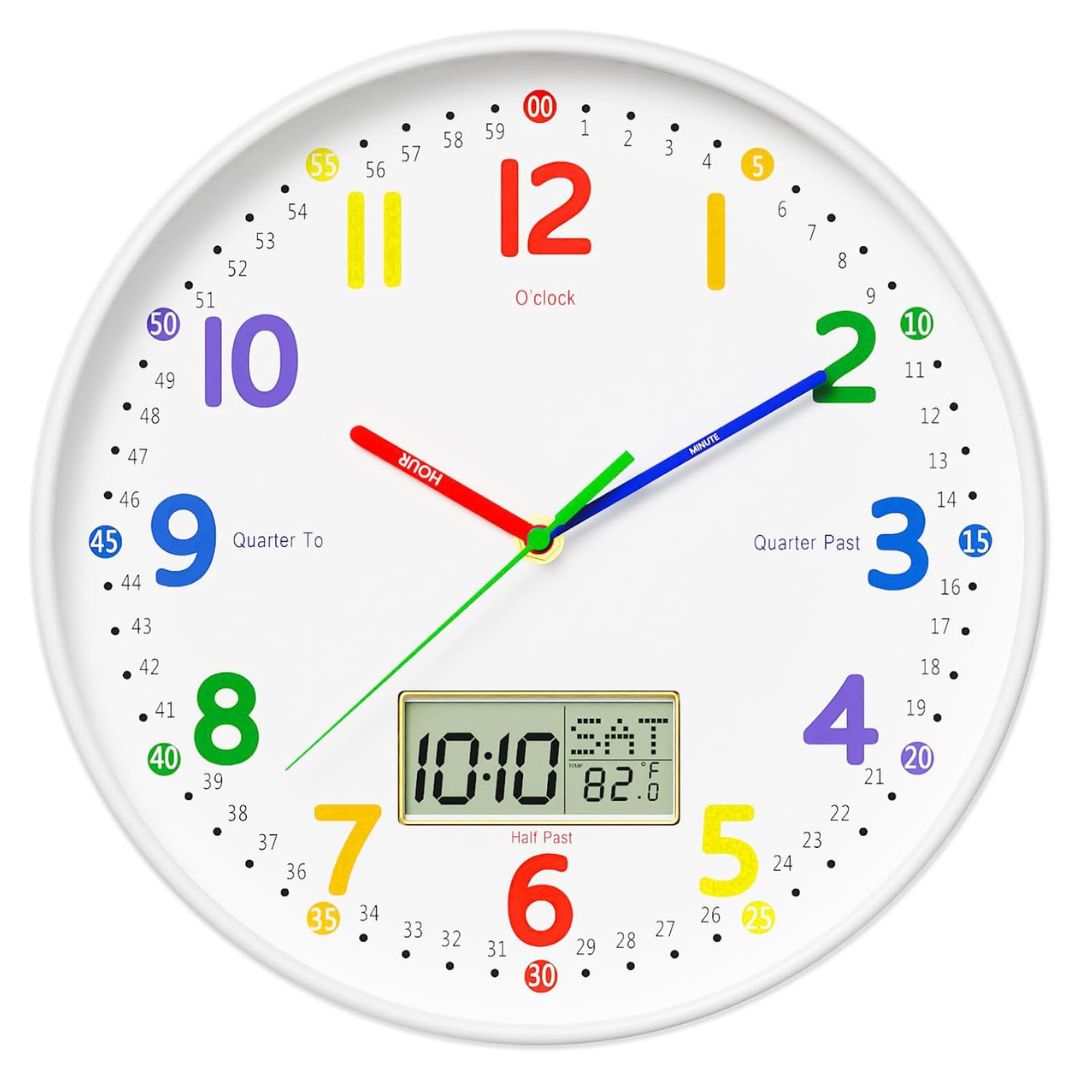 12" Lanktoo Silent Teaching Wall Clock With LCD Display