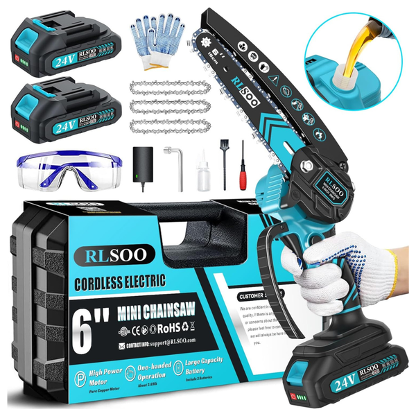 Rlsoo 6" Cordless Electric Mini Chainsaw (2 Batteries, 3 Chains)