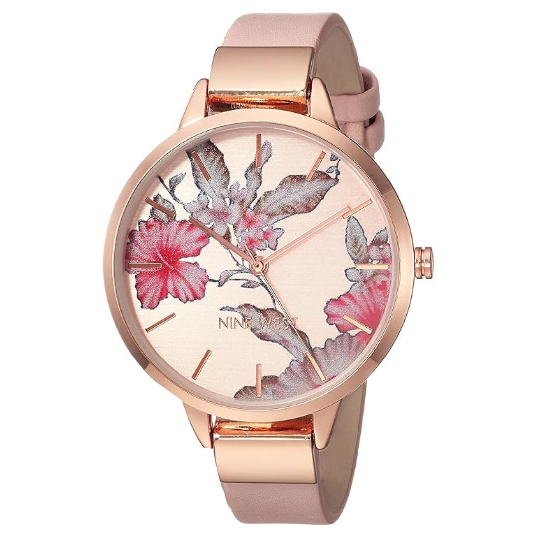 Nine West Women's Floral Leather Strap Watch