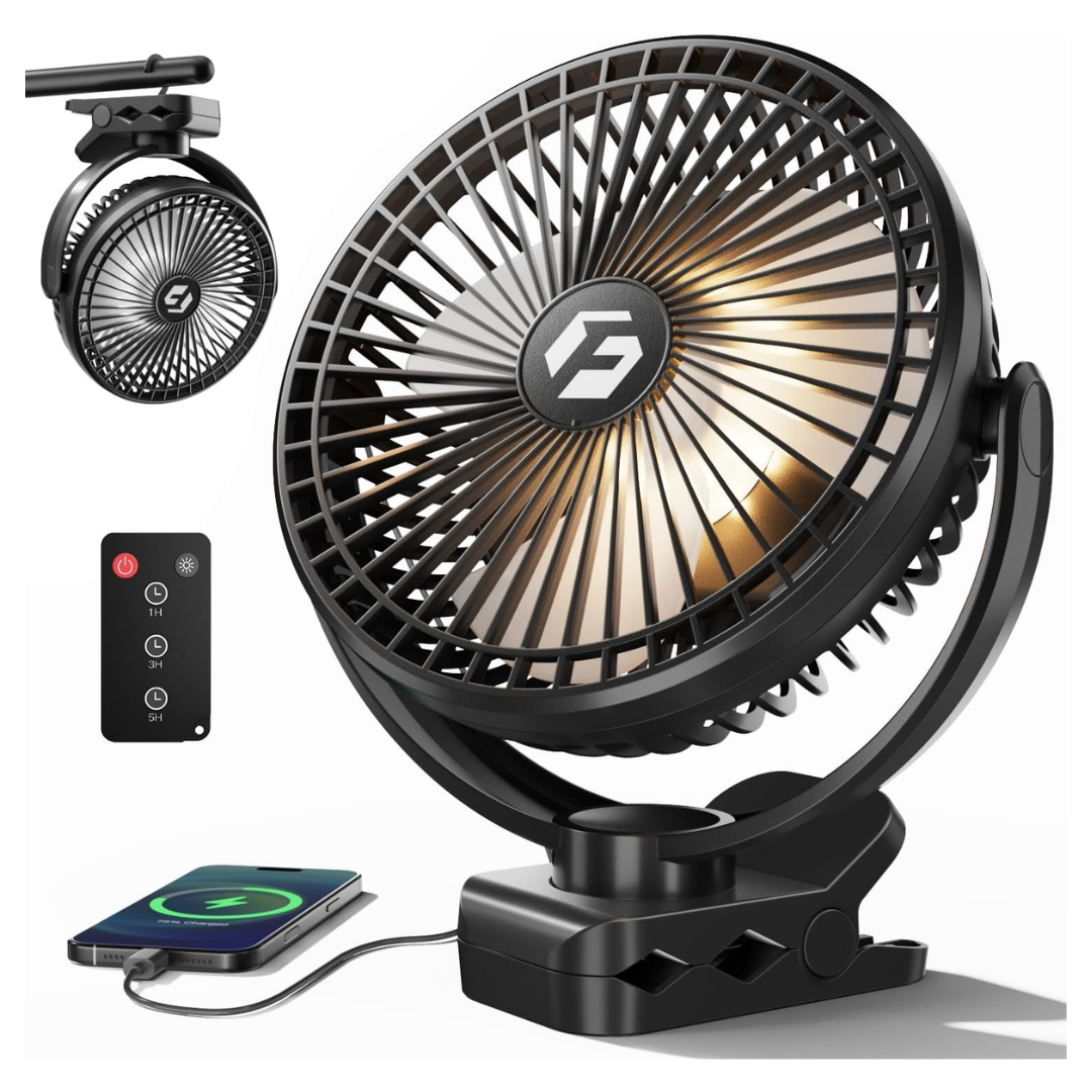 12000mAh Portable Clip-On Rechargeable Fan With Light & Remote
