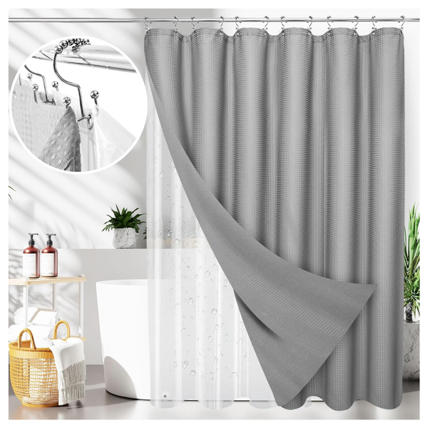 72" x 72" 3-In-1 Waterproof Waffle Weave Shower Curtain Set