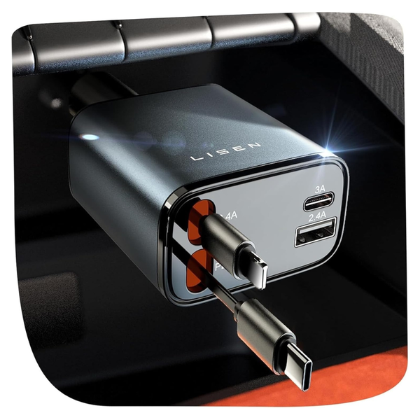 69W Lisen 4-In-1 Retractable USB-C/Lightning/USB-A Car Charger
