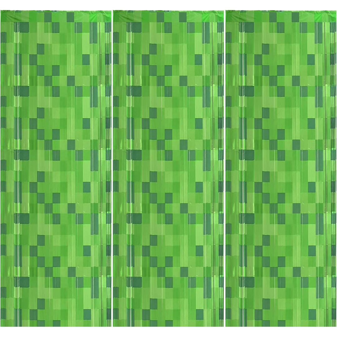 3-Pack Green Foil Fringe Backdrop Curtains (3.3Ft x 6.6Ft)