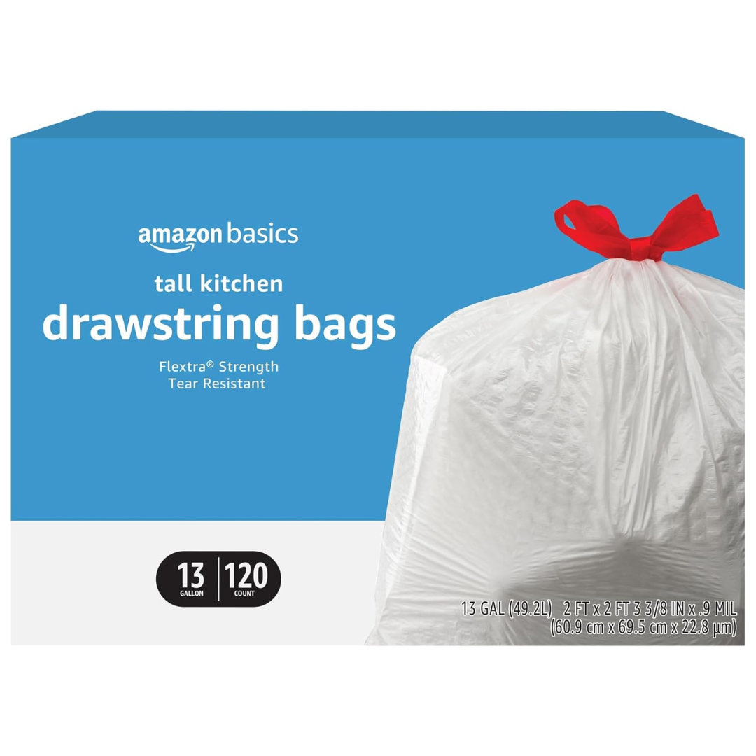 120-Count 13-Gal Amazon Basics Flextra Tall Kitchen Drawstring Trash Bags