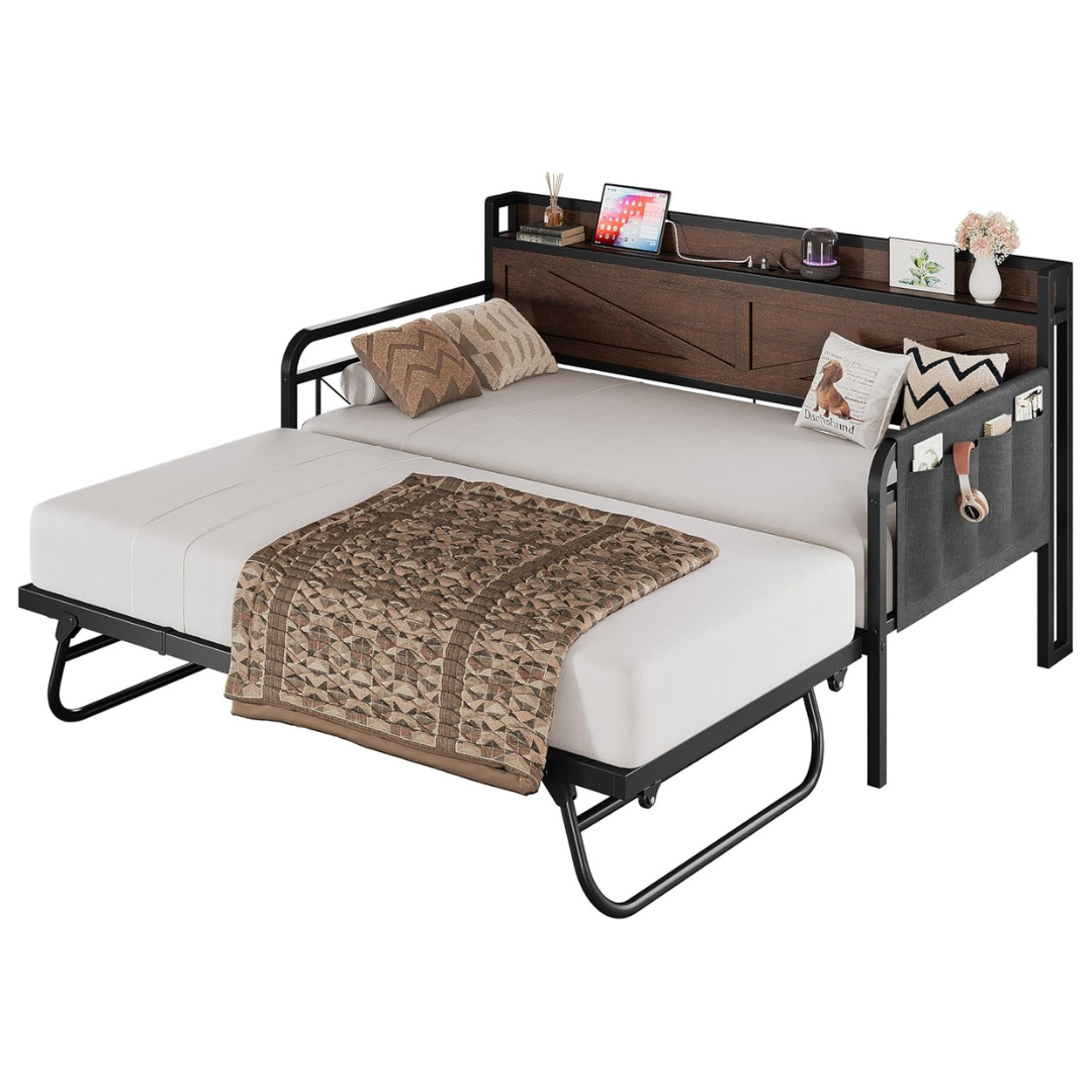 Twin Trundle Storage Headboard Sofa Day Bed With Charging Station