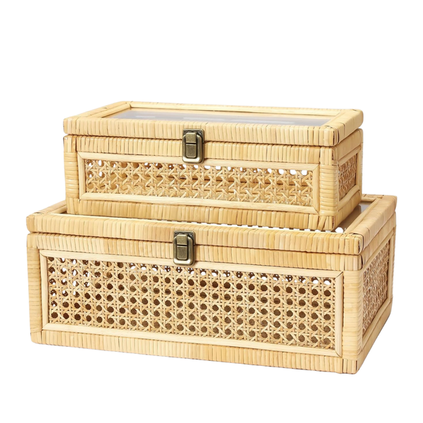 Set Of 2 Rattan Wicker Decorative Storage Box With Lid